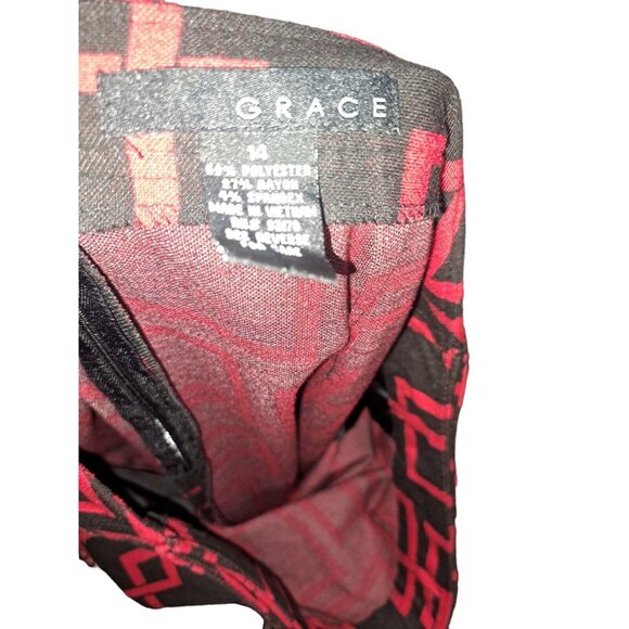 Black Red Pencil Skirt Abstract Midi Mod Front Buttons Pockets Size 14 Stretch - Picture 3 of 3